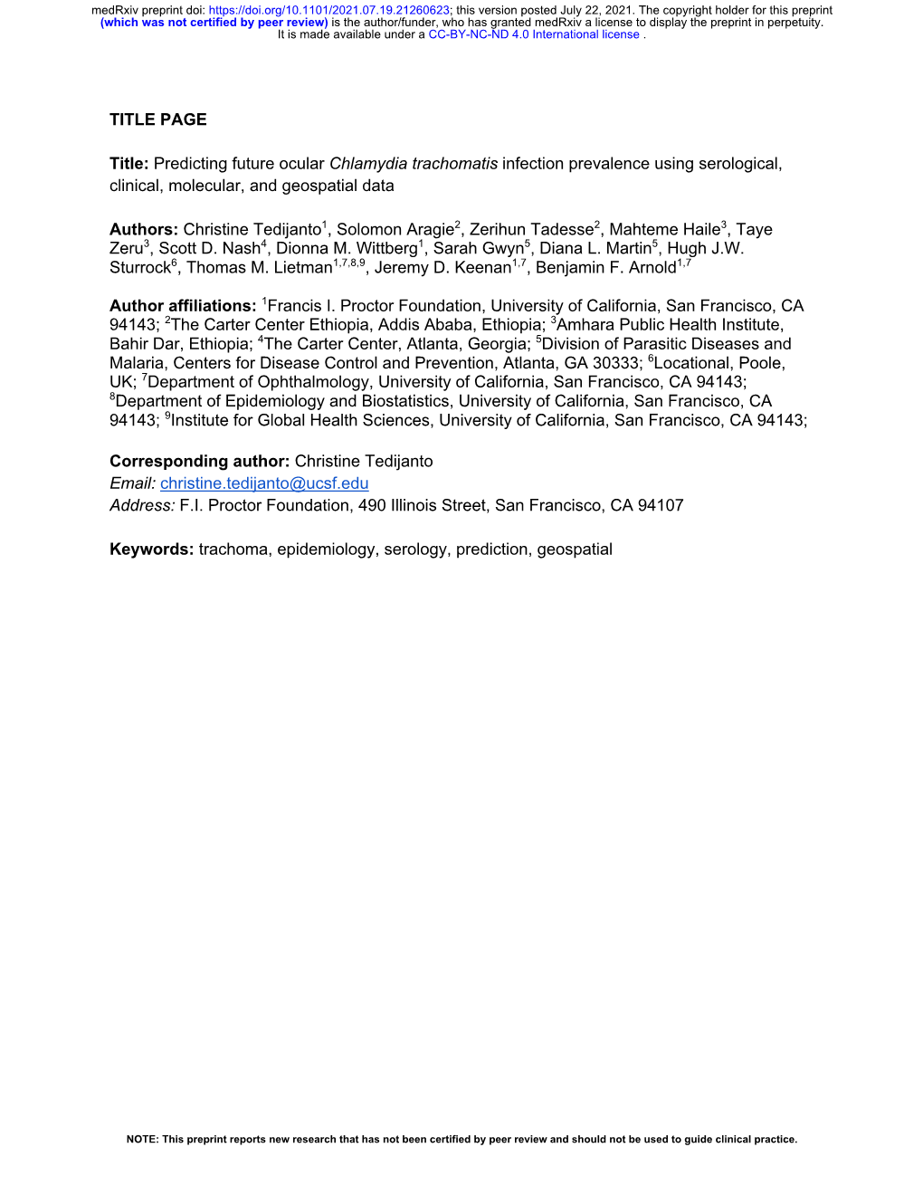 Predicting Future Ocular Chlamydia Trachomatis Infection Prevalence Using Serological, Clinical, Molecular, and Geospatial Data