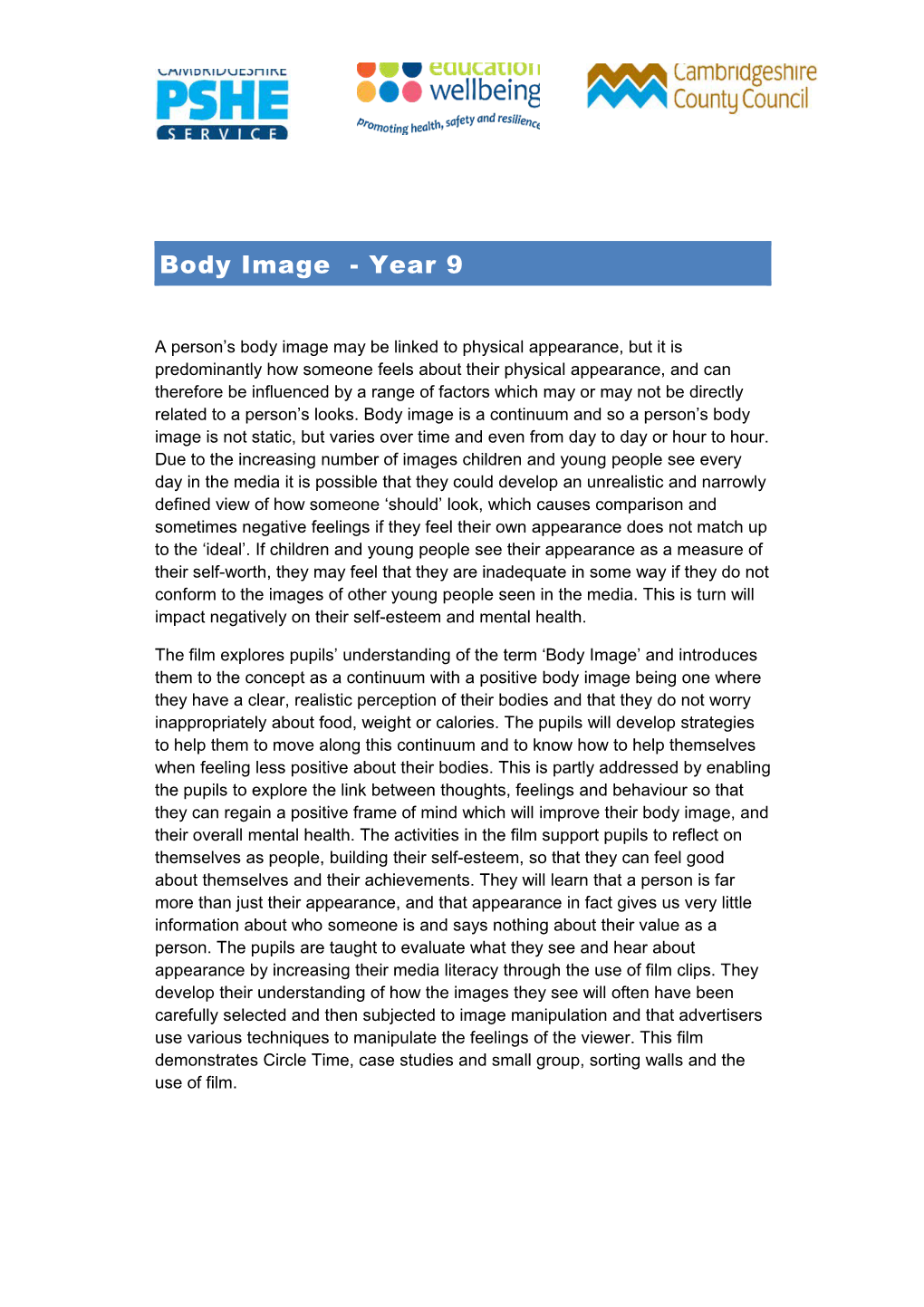 Body Image - Year 9