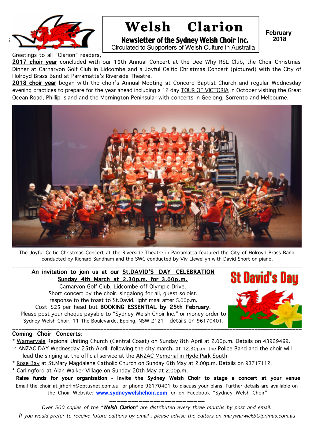 Welsh Clarion February July, 2006 2009 Newsletter of the Sydney Welsh Choir Inc