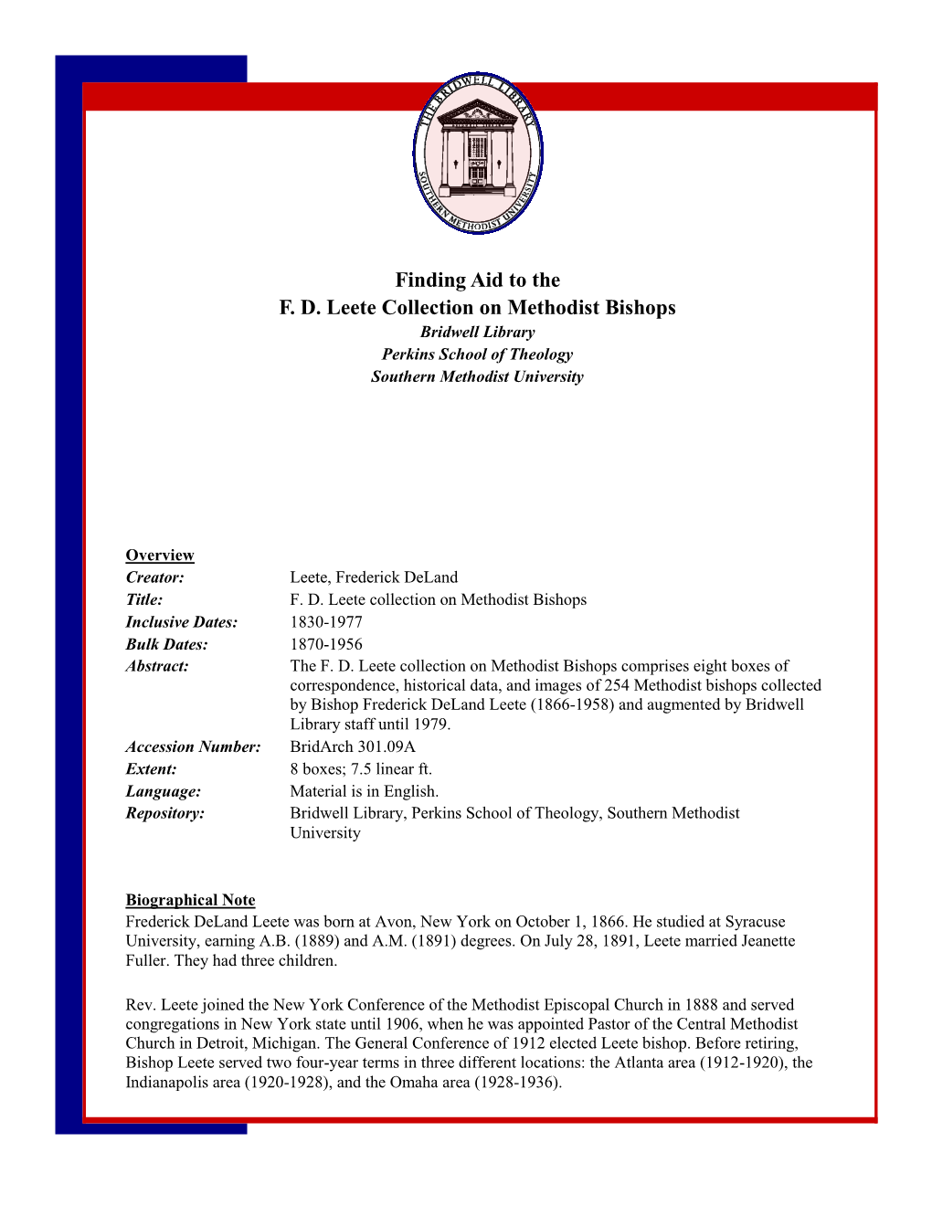 Finding Aid to the F. D. Leete Collection on Methodist Bishops Bridwell Library Perkins School of Theology Southern Methodist University