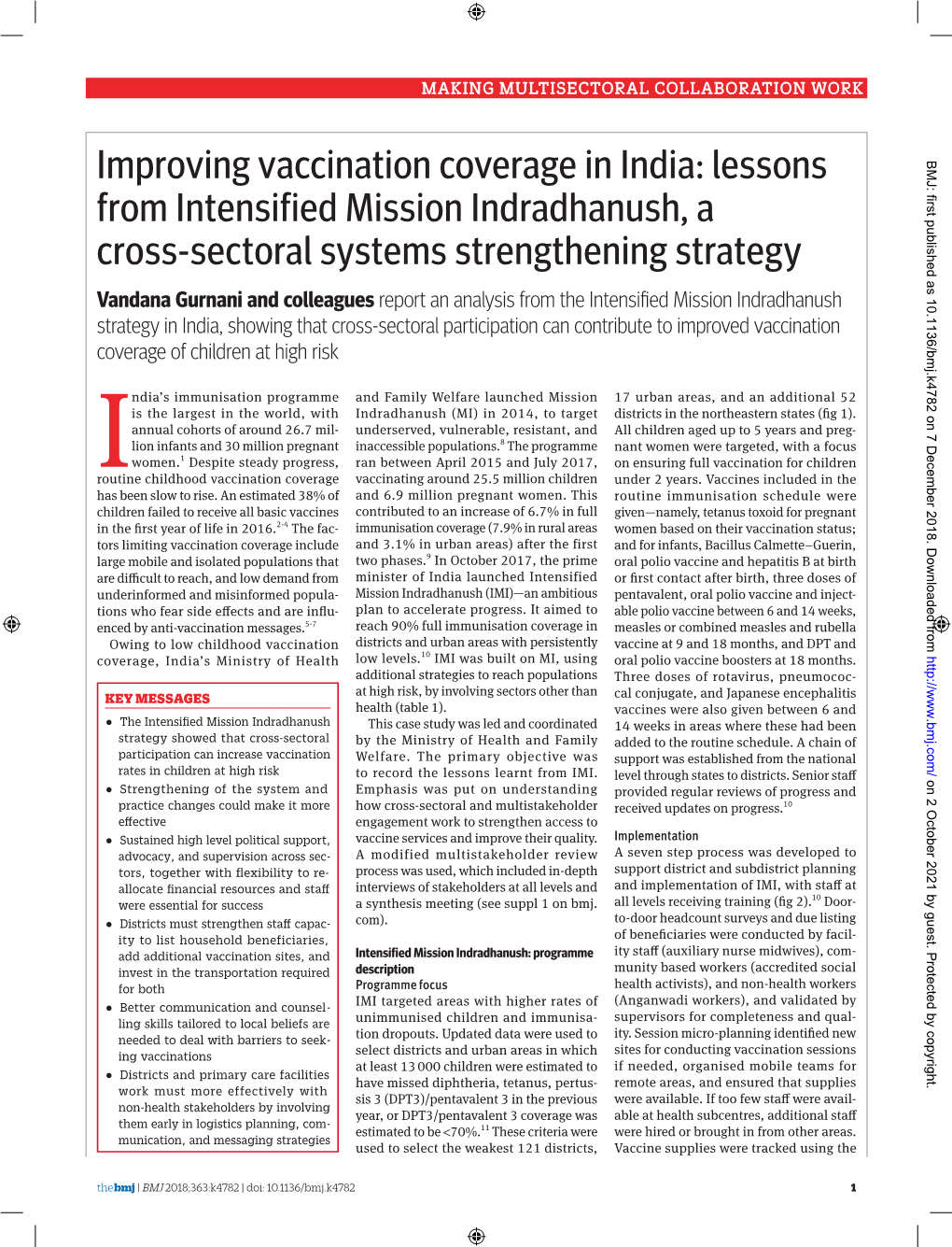 Improving Vaccination Coverage in India: Lessons BMJ: First Published As 10.1136/Bmj.K4782 on 7 December 2018