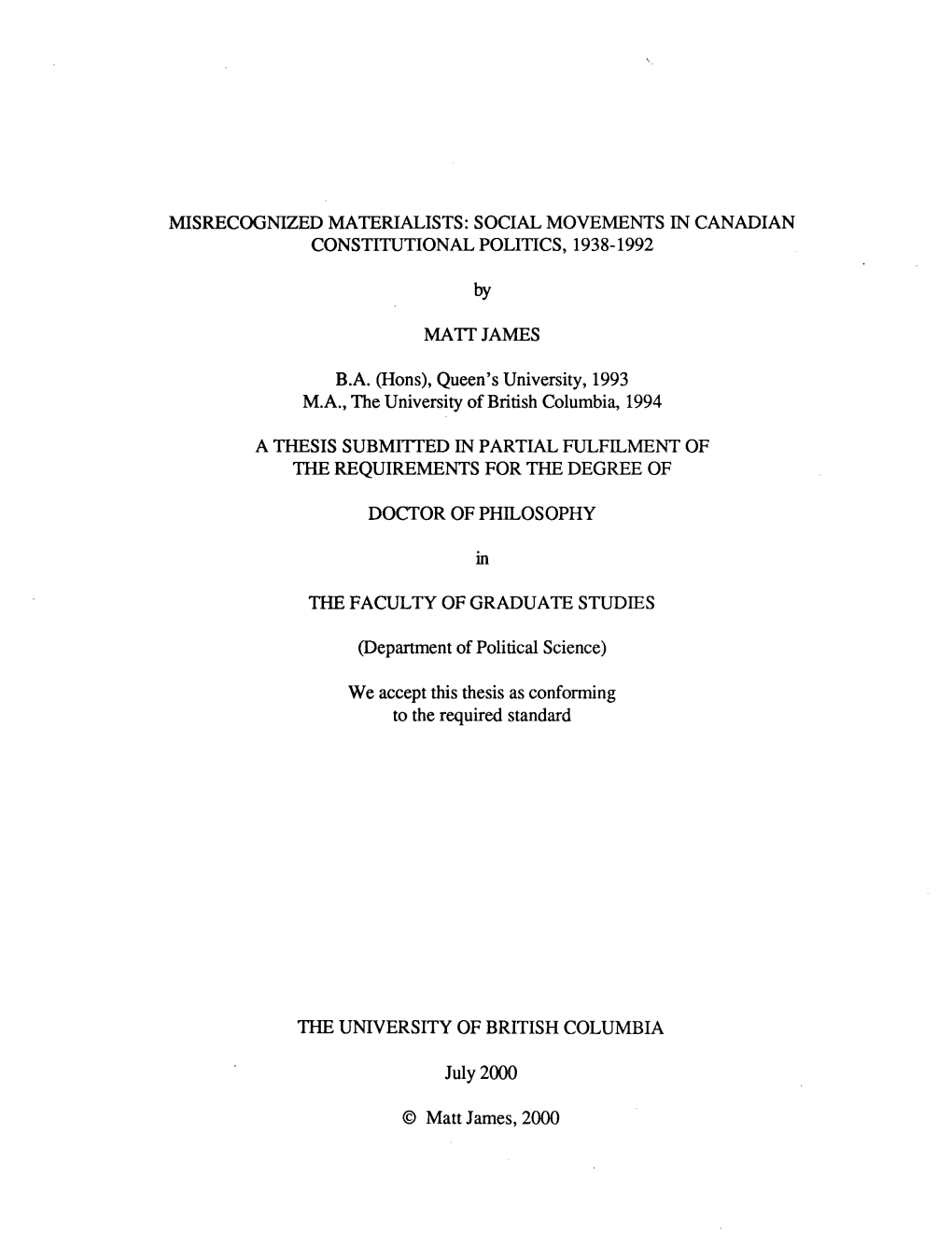 Social Movements Ln Canadian Constitutional Politics, 1938-1992