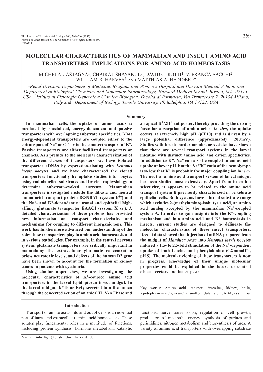 Molecular Characteristics of Mammalian and Insect Amino Acid Transporters: Implications for Amino Acid Homeostasis