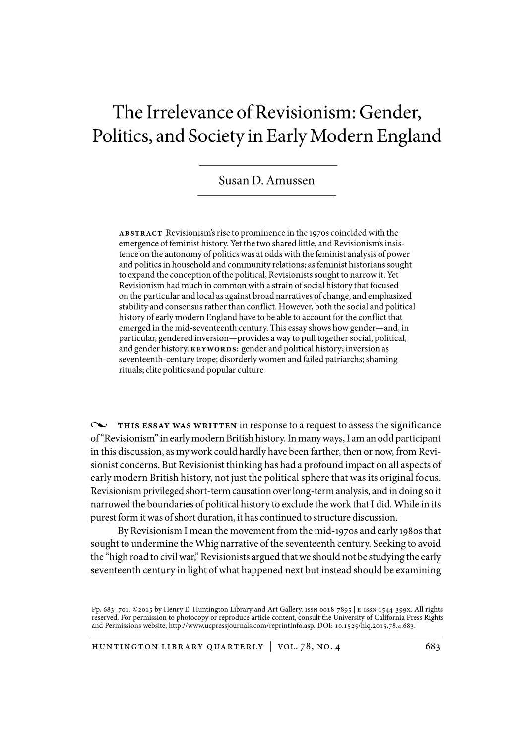 The Irrelevance of Revisionism: Gender, Politics, and Society in Early Modern England