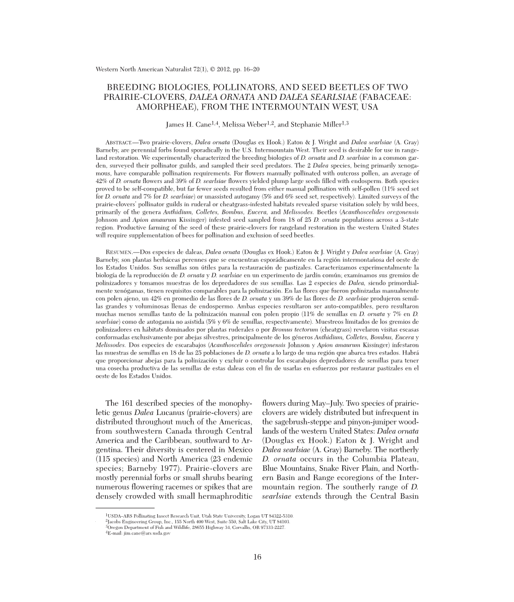 Breeding Biologies, Pollinators, and Seed Beetles of Two Prairie-Clovers, Dalea Ornata and Dalea Searlsiae (Fabaceae: Amorpheae), from the Intermountain West, Usa