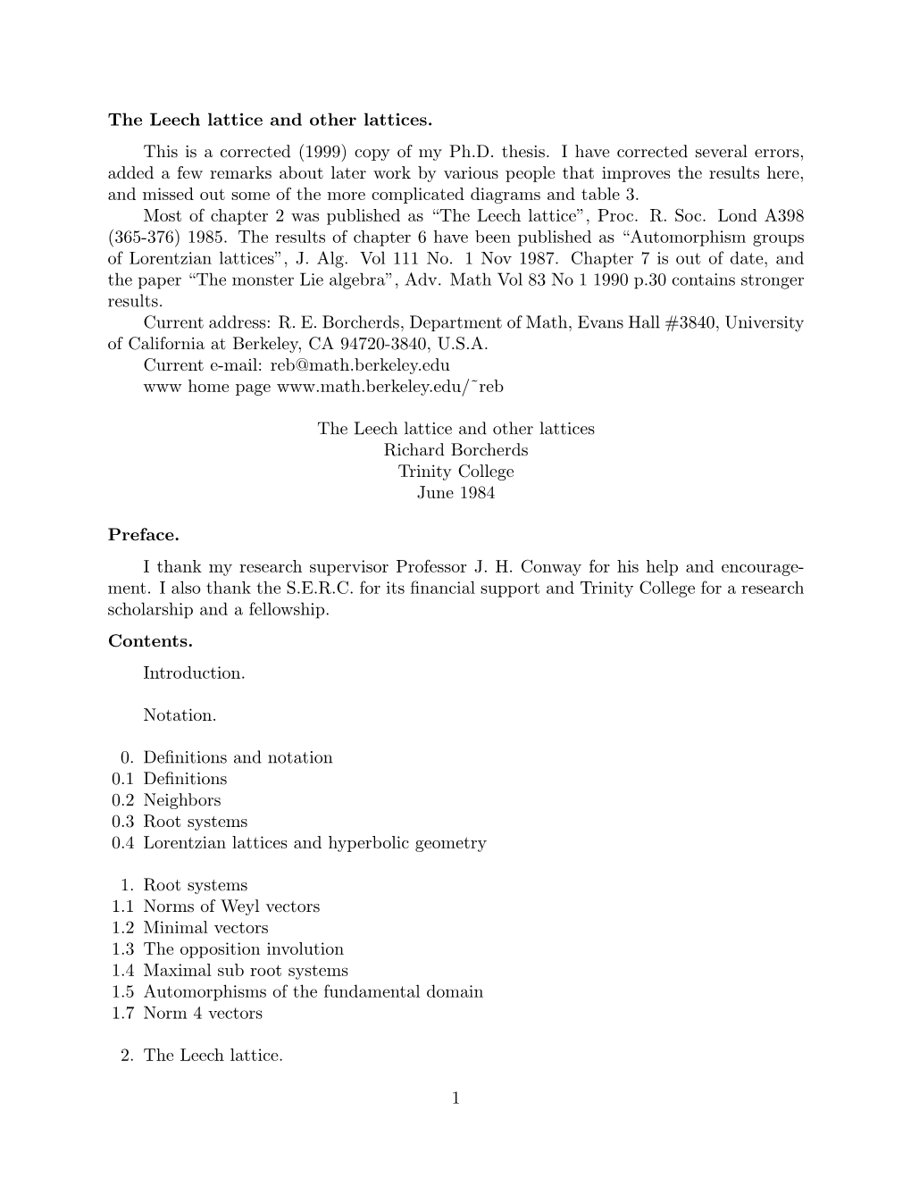 The Leech Lattice and Other Lattices. This Is a Corrected (1999) Copy of My Ph.D