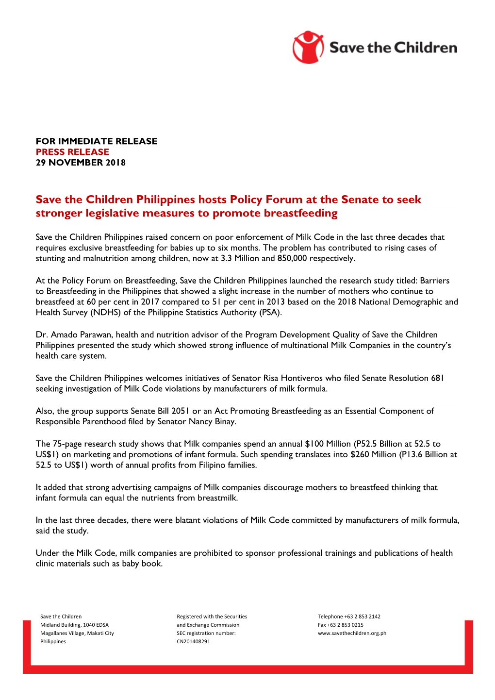 Save the Children Philippines Hosts Policy Forum at the Senate to Seek Stronger Legislative Measures to Promote Breastfeeding