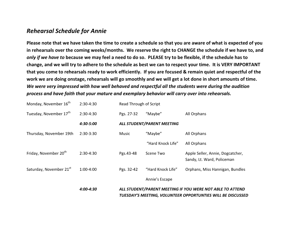 Rehearsal Schedule for Annie