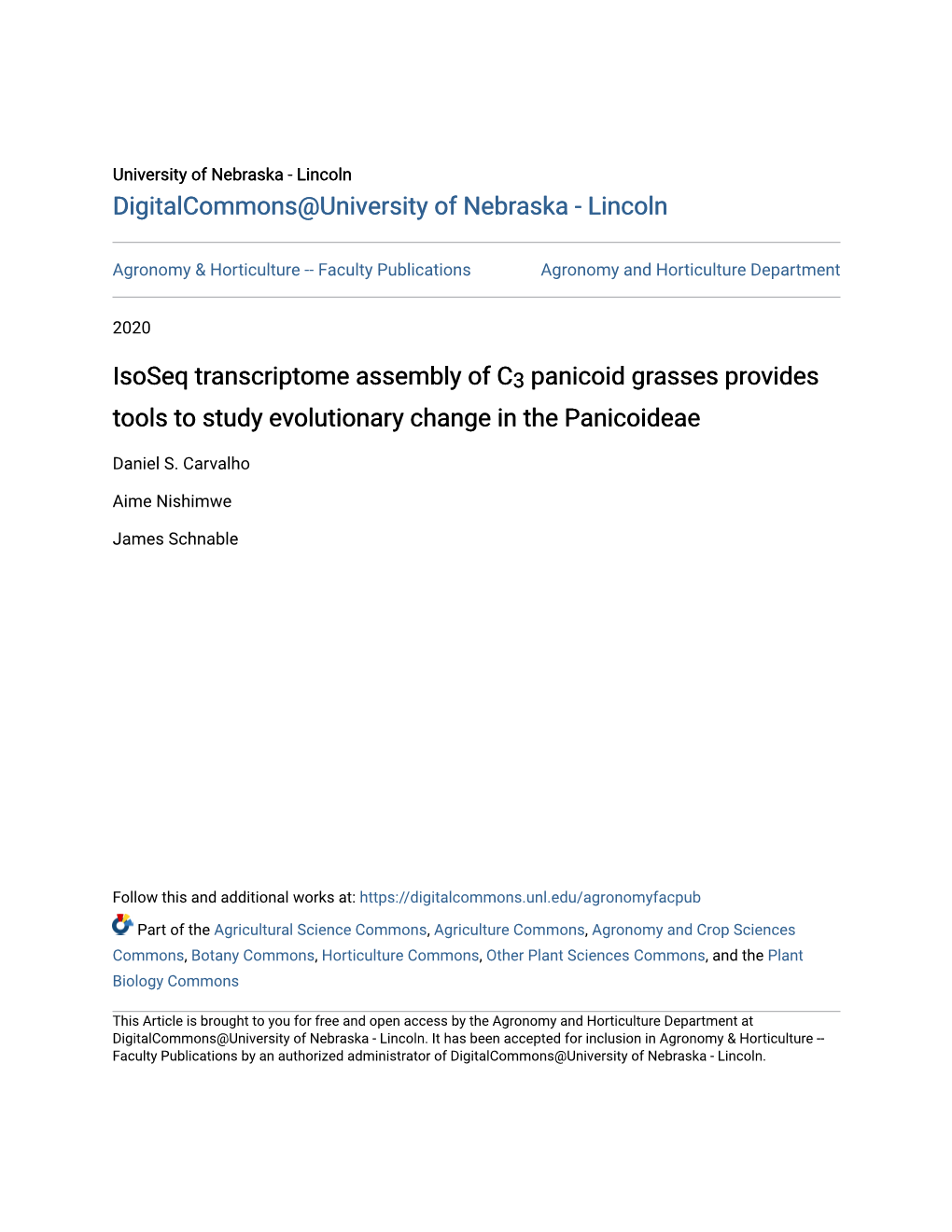 Isoseq Transcriptome Assembly of C 3 Panicoid Grasses Provides Tools To