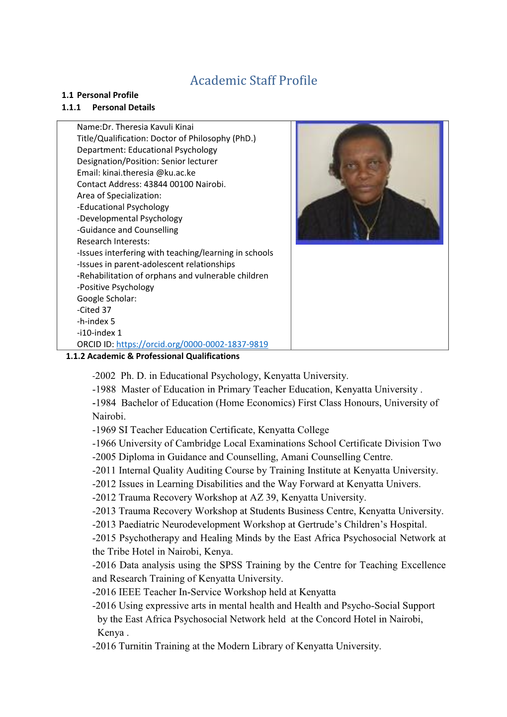Academic Staff Profile 1.1 Personal Profile 1.1.1 Personal Details