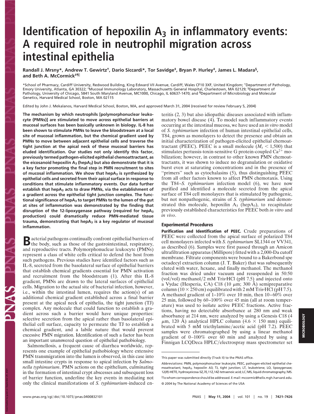 Identification of Hepoxilin A3 in Inflammatory Events: a Required Role in Neutrophil Migration Across Intestinal Epithelia