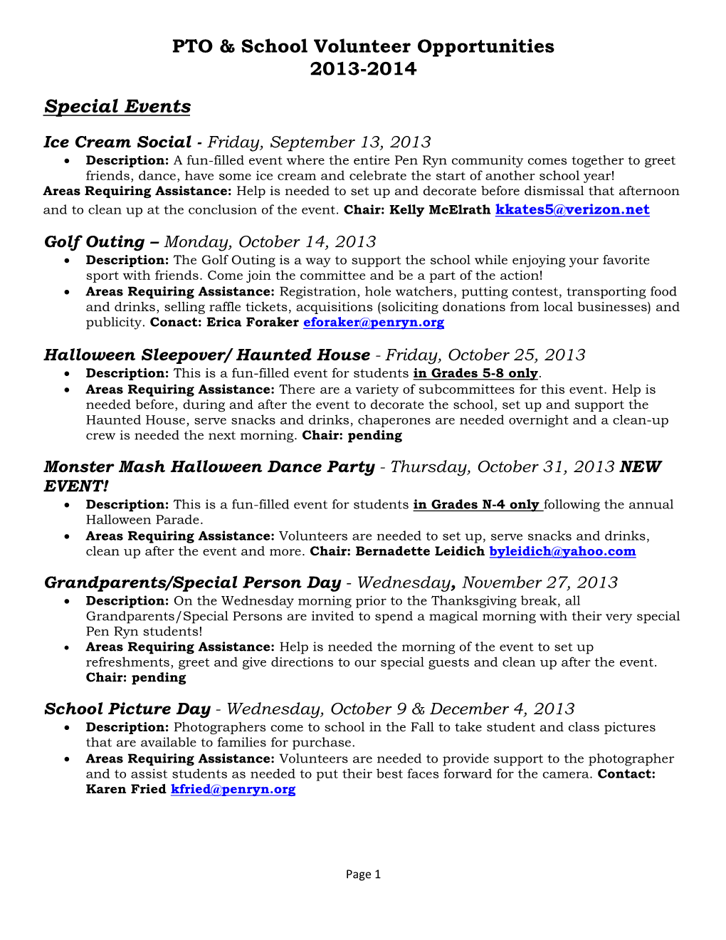 PTO & School Volunteer Opportunities 2013-2014 Special Events