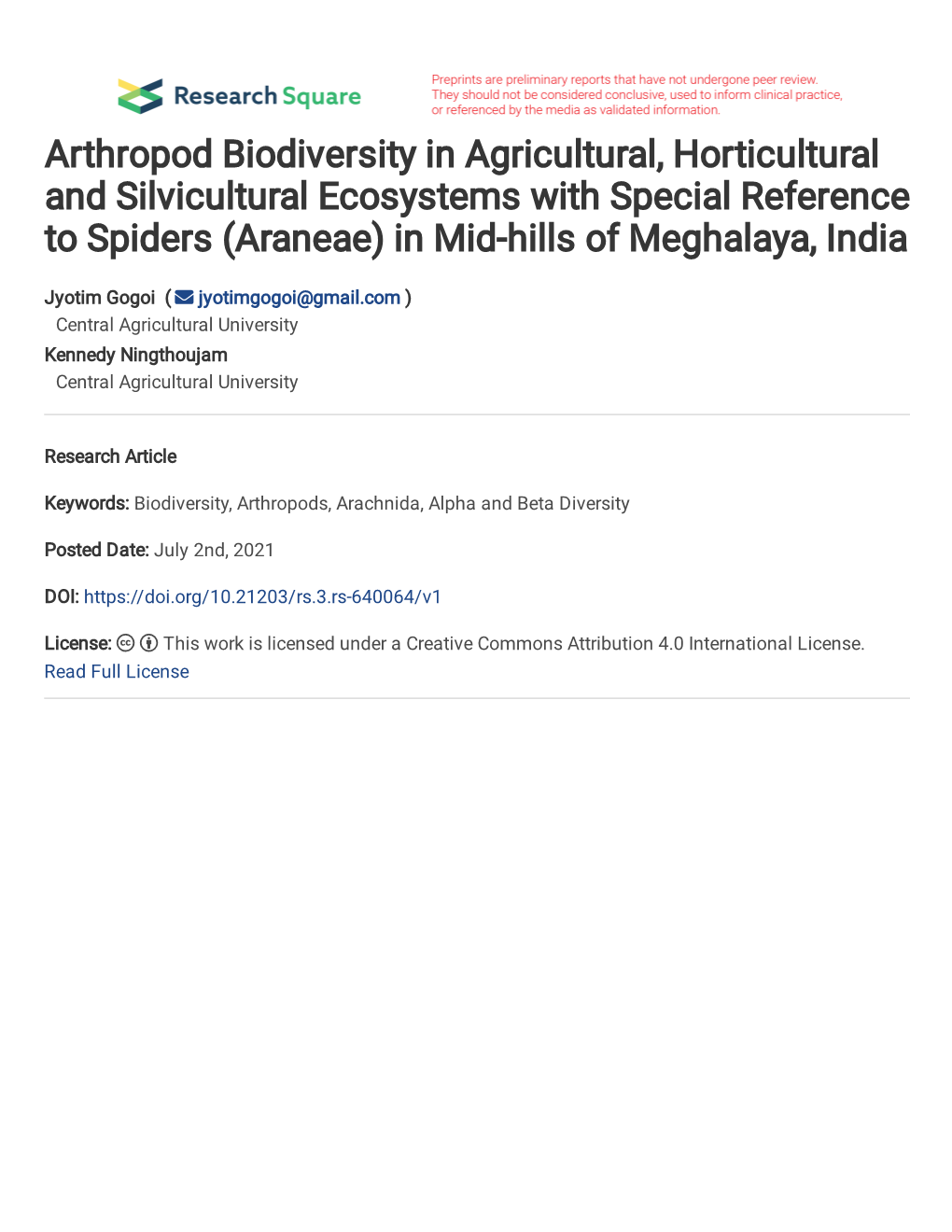 Arthropod Biodiversity in Agricultural, Horticultural and Silvicultural Ecosystems with Special Reference to Spiders (Araneae) in Mid-Hills of Meghalaya, India