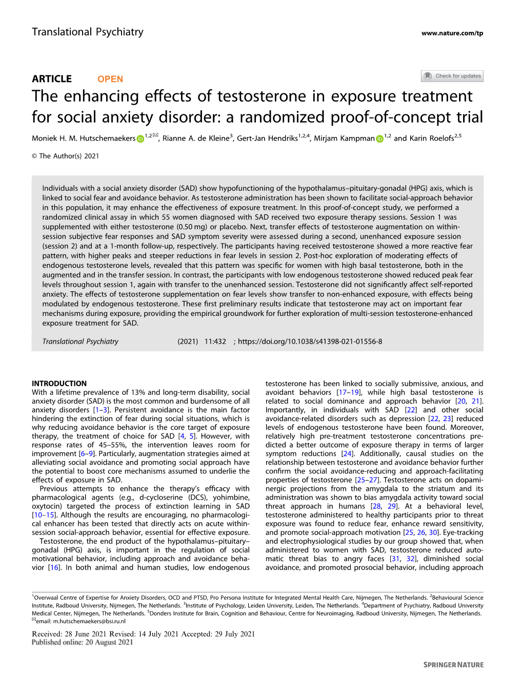The Enhancing Effects of Testosterone in Exposure Treatment for Social Anxiety Disorder: a Randomized Proof-Of-Concept Trial ✉ Moniek H