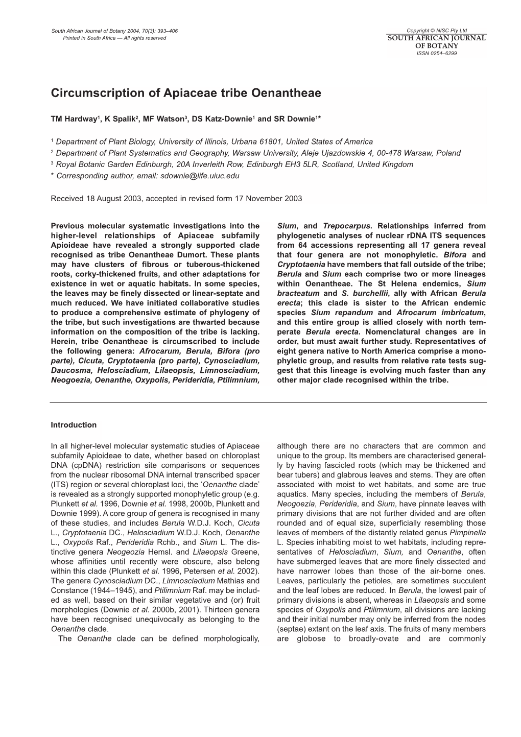 Circumscription of Apiaceae Tribe Oenantheae