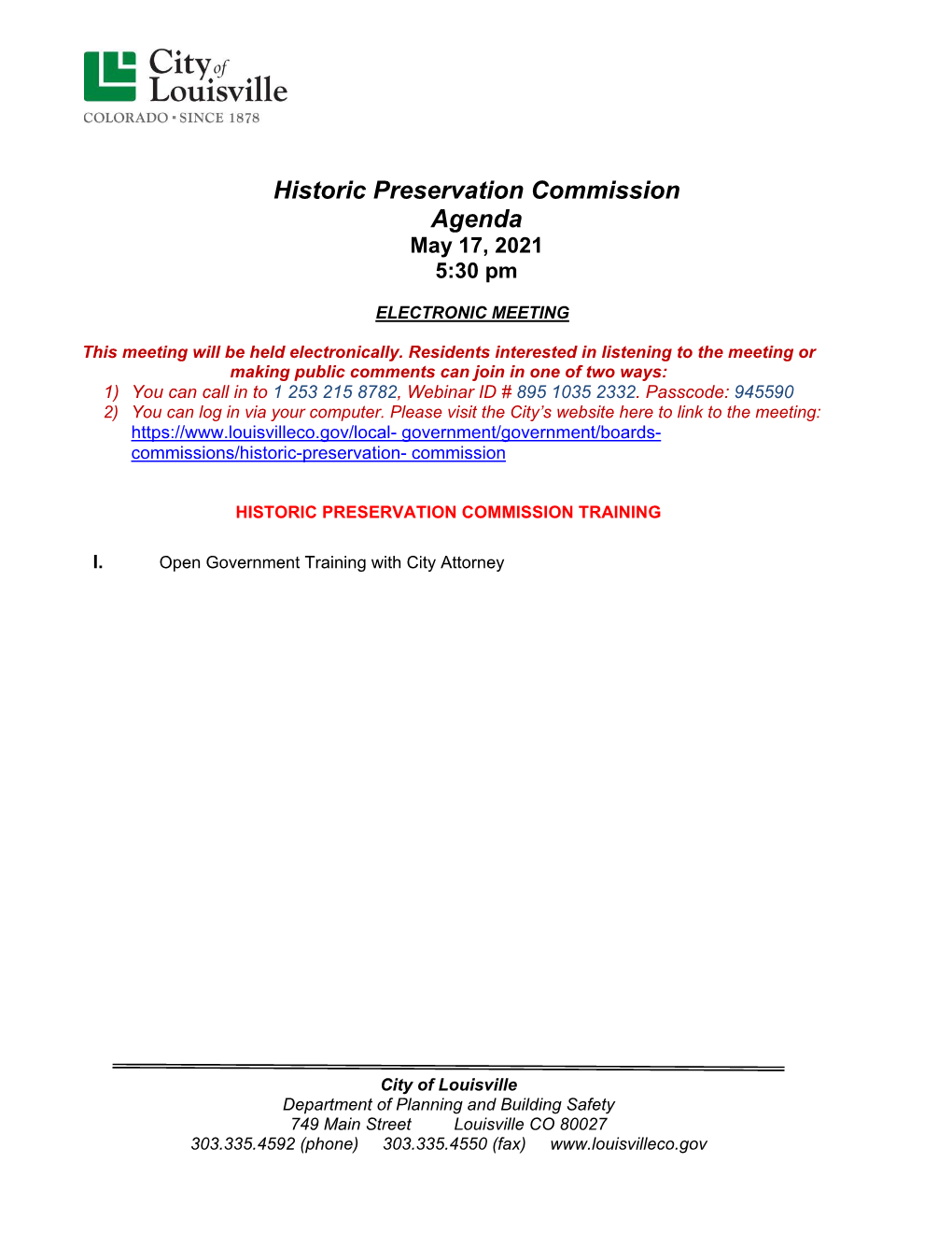 Historic Preservation Commission Agenda May 17, 2021 5:30 Pm