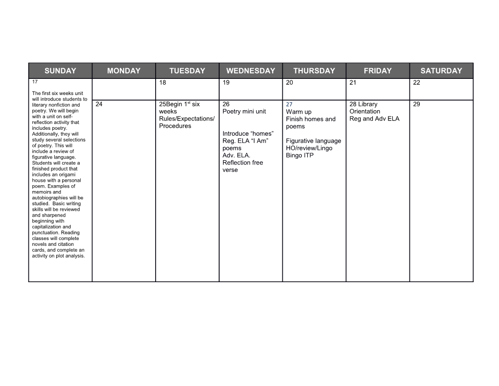 17 the First Six Weeks Unit Will Introduce Students to Literary Nonfiction and Poetry