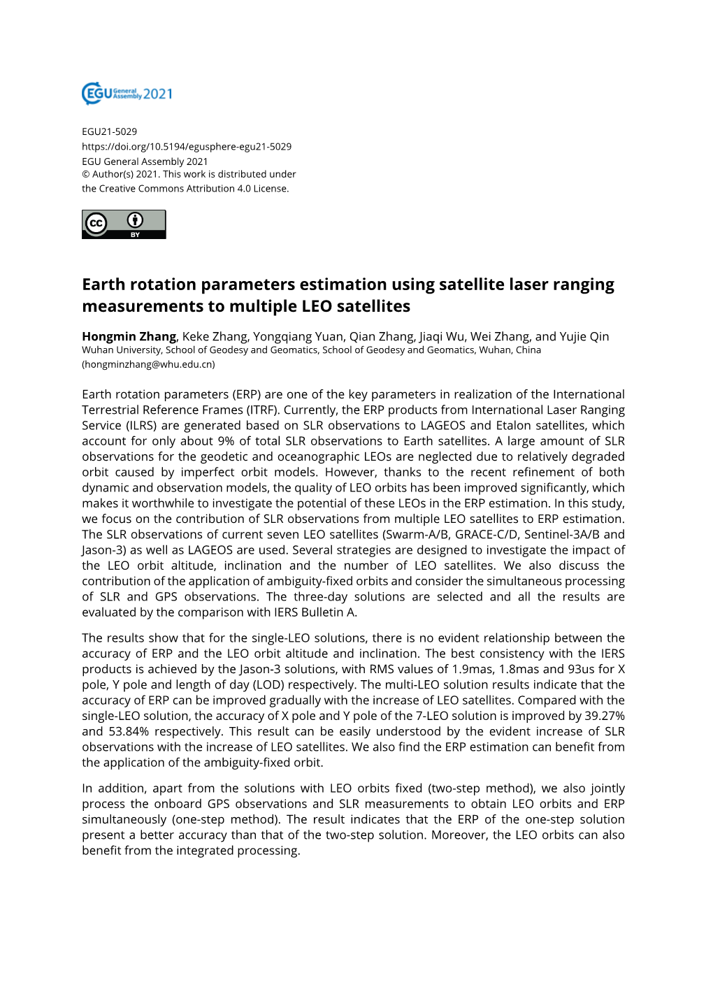 Earth Rotation Parameters Estimation Using Satellite Laser Ranging Measurements to Multiple LEO Satellites