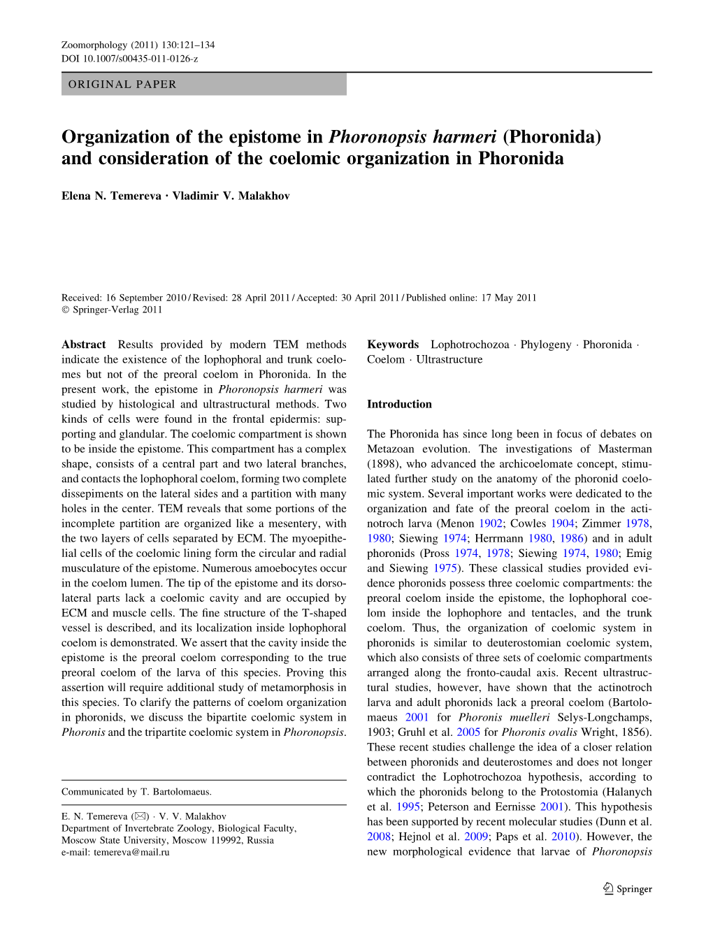 Organization of the Epistome in Phoronopsis Harmeri (Phoronida) and Consideration of the Coelomic Organization in Phoronida