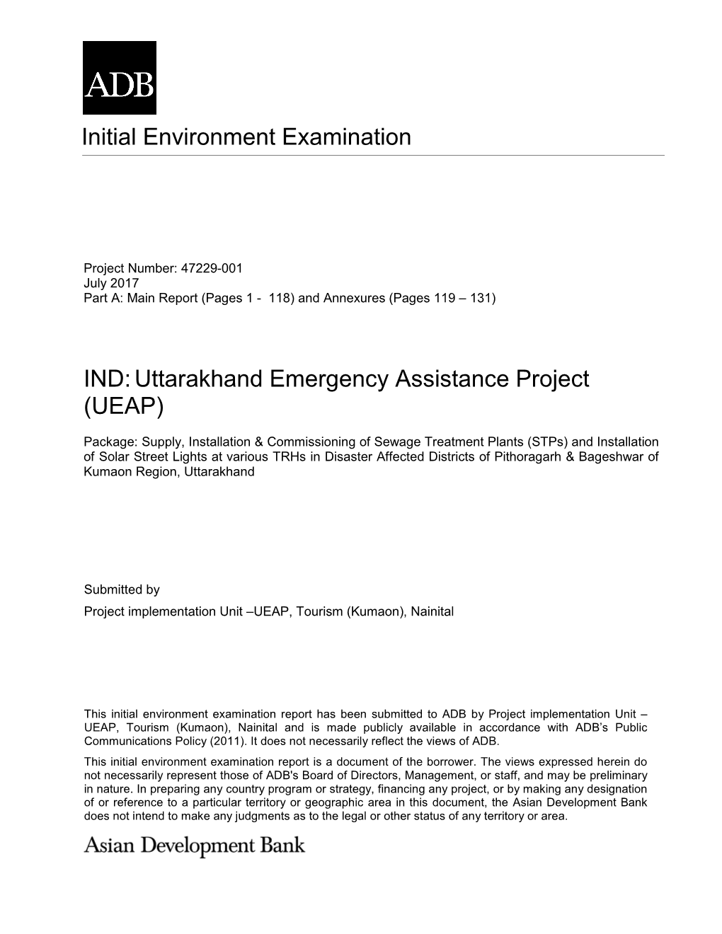 IND:Uttarakhand Emergency Assistance Project (UEAP)