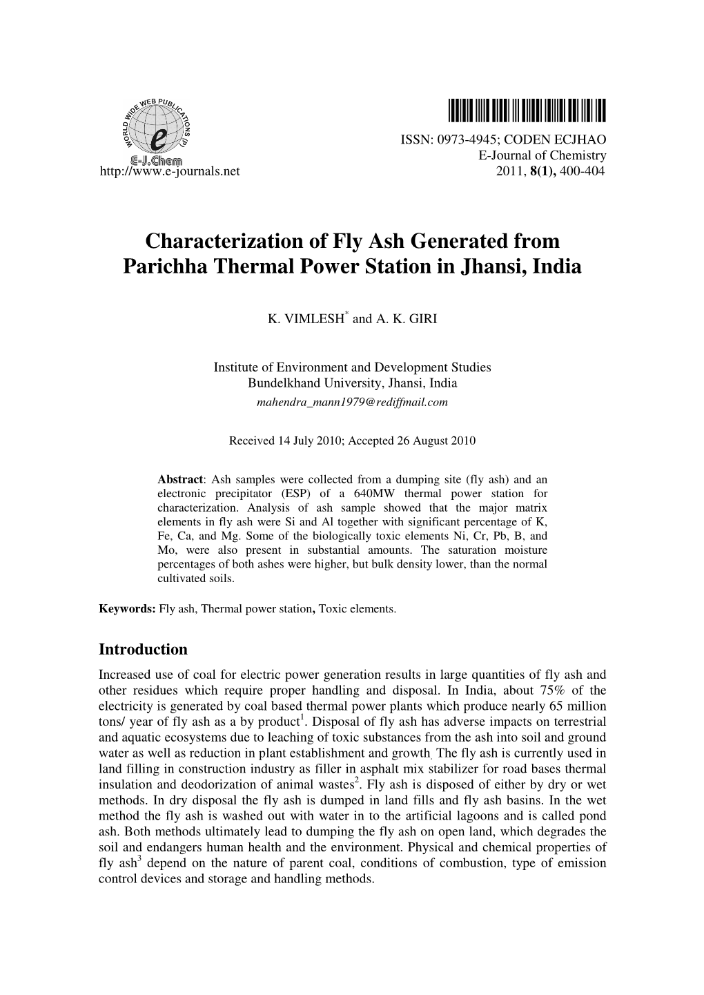 Characterization of Fly Ash Generated from Parichha Thermal Power Station in Jhansi, India