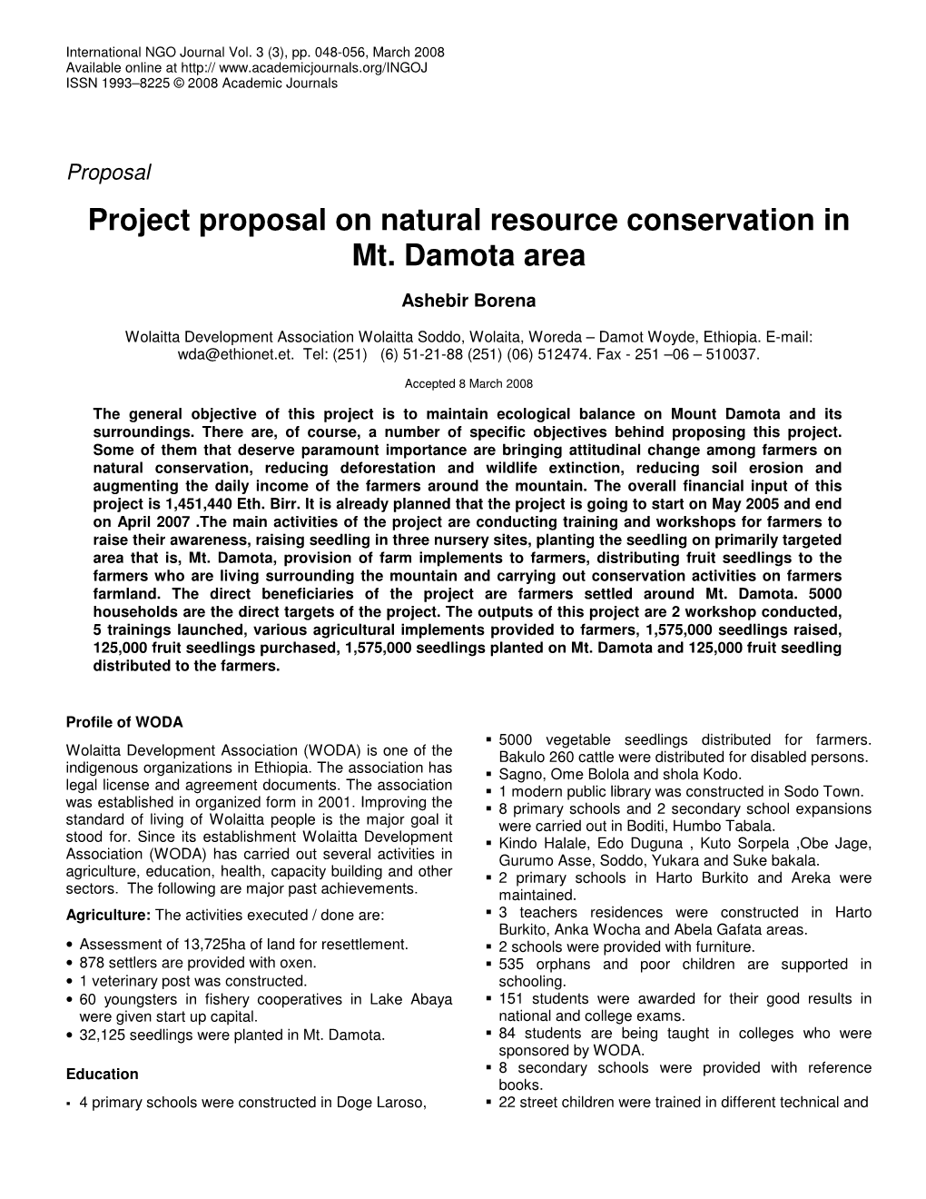 Project Proposal on Natural Resource Conservation in Mt. Damota Area