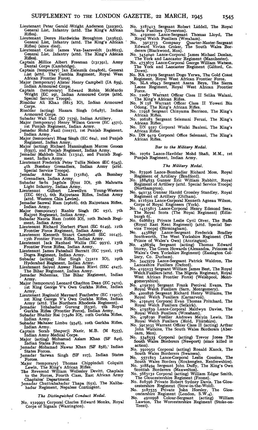 SUPPLEMENT to the LONDON GAZETTE, 22 MARCH, 1945 1545 Lieutenant Peter Gerald Iwright Anderson (322301), No