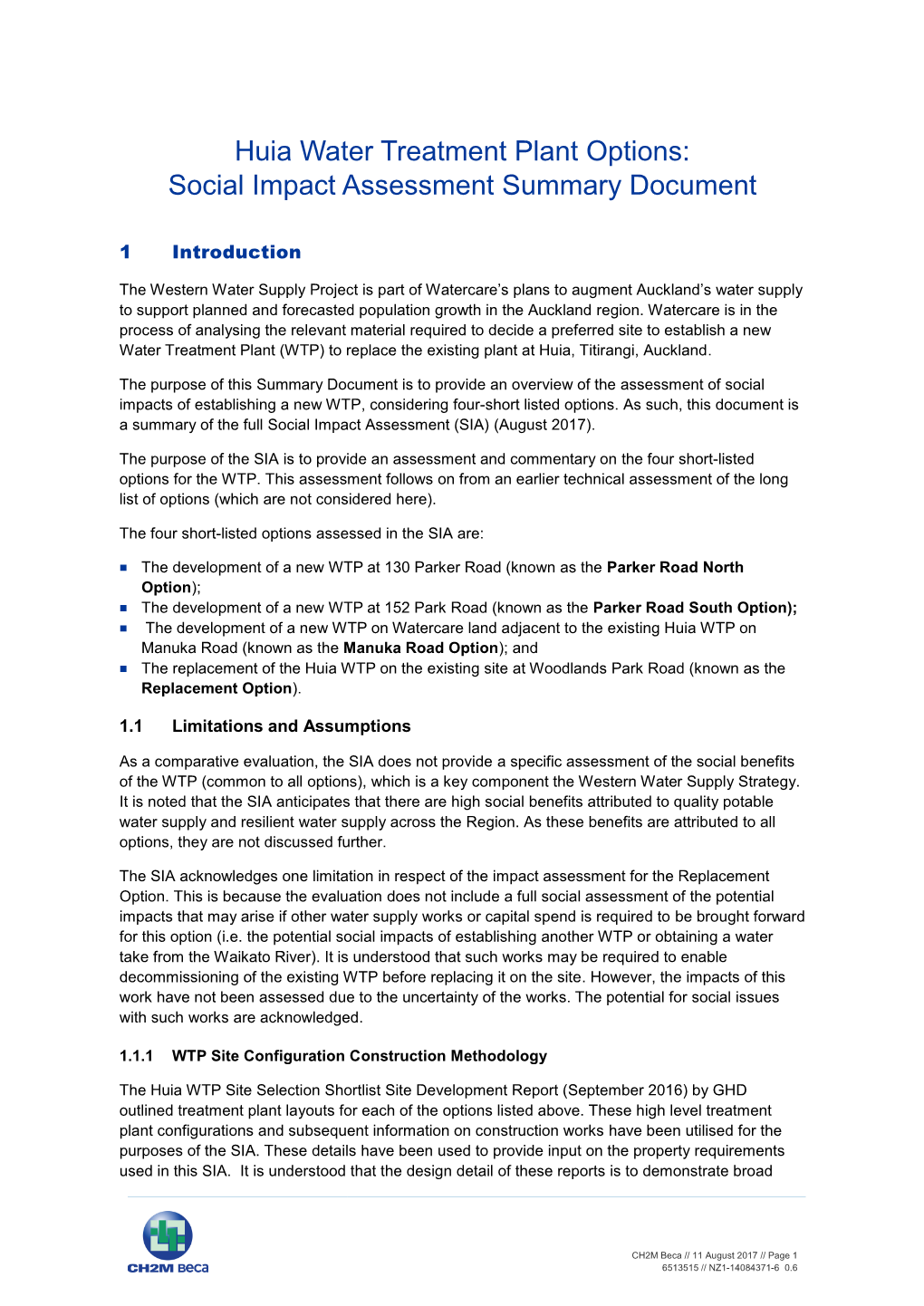 Huia Water Treatment Plant Options: Social Impact Assessment Summary Document