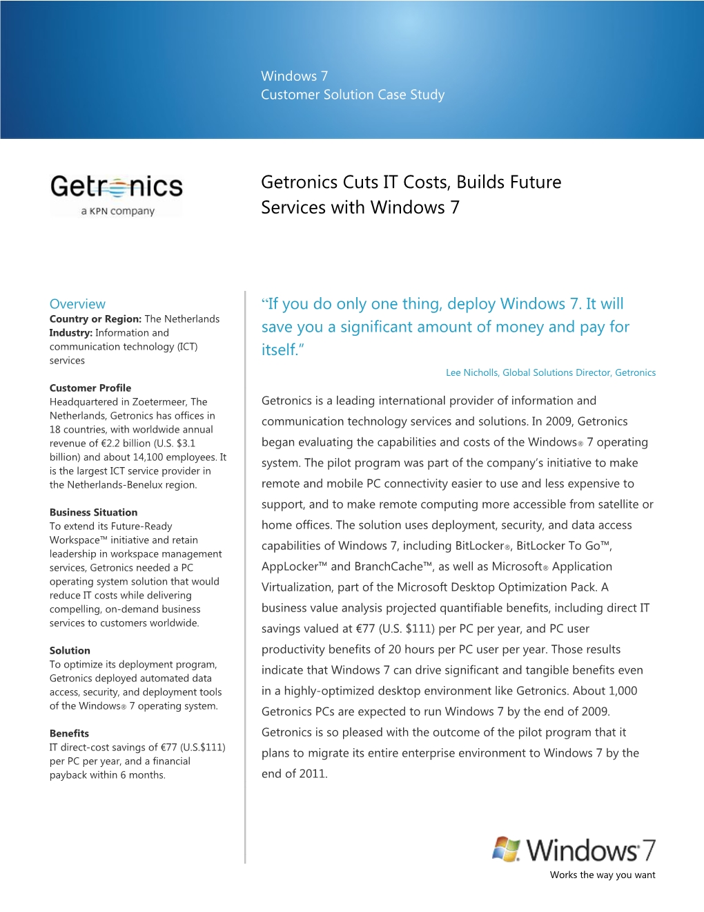 Getronics Cuts IT Costs, Builds Future Services with Windows 7