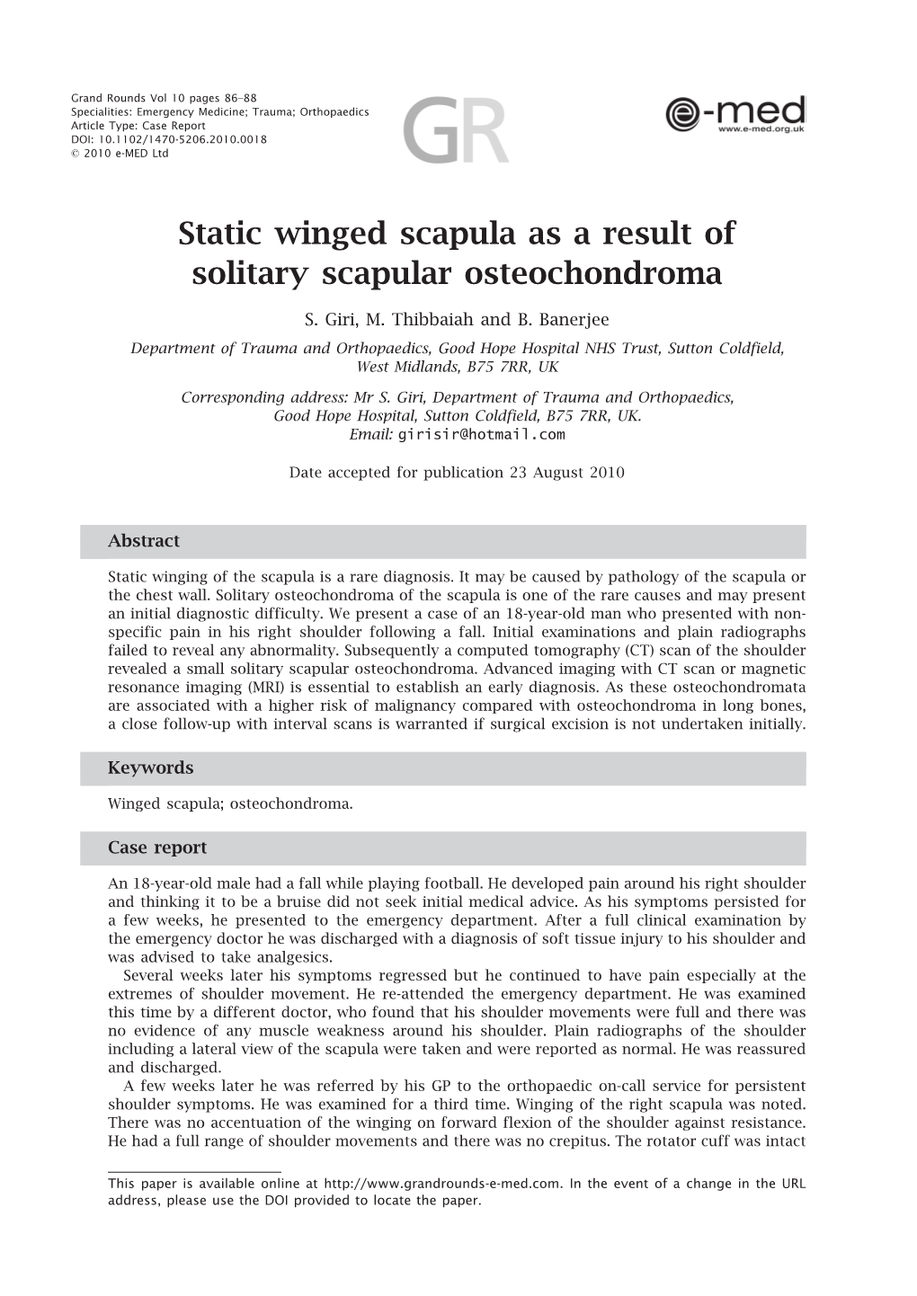 Static Winged Scapula As a Result of Solitary Scapular Osteochondroma