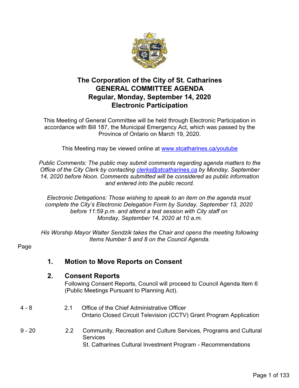 GENERAL COMMITTEE AGENDA Regular, Monday, September 14, 2020 Electronic Participation