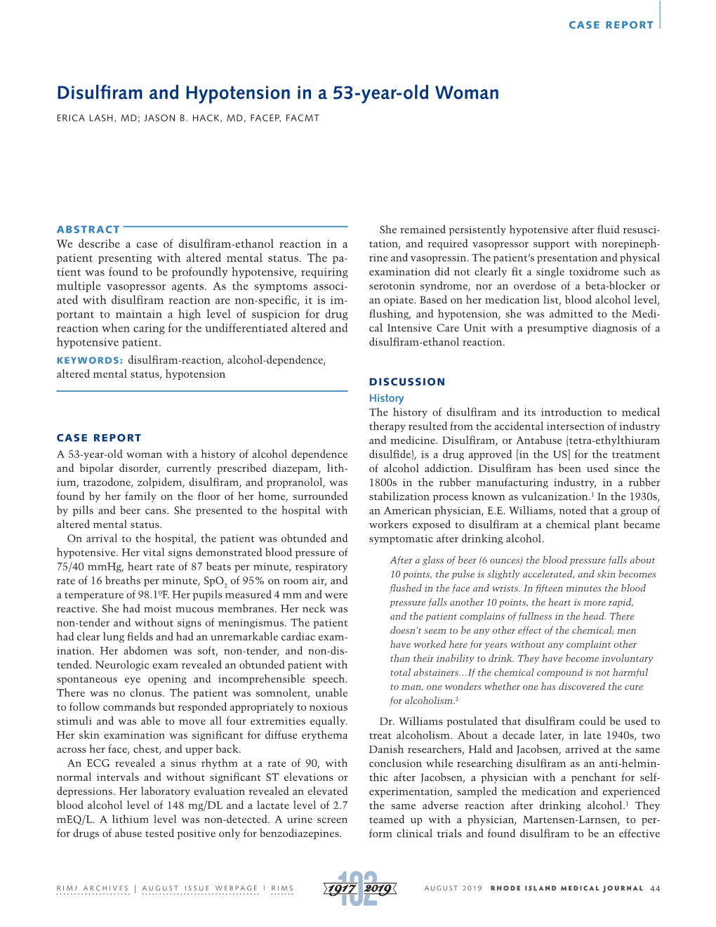 Disulfiram and Hypotension in a 53-Year-Old Woman