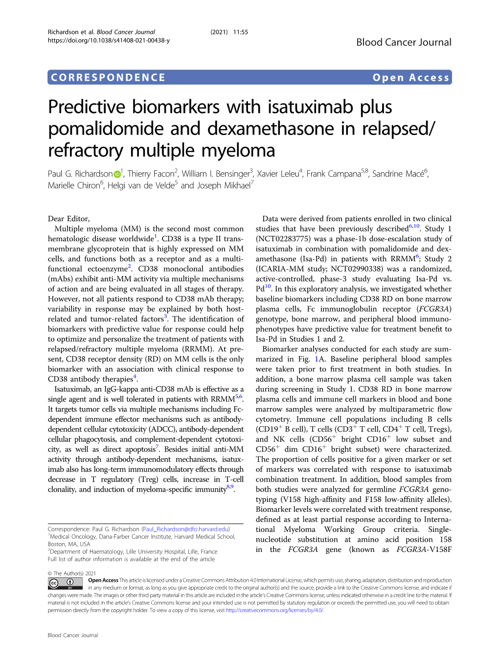 Predictive Biomarkers with Isatuximab Plus Pomalidomide and Dexamethasone in Relapsed/ Refractory Multiple Myeloma Paul G