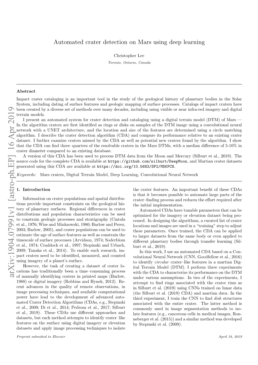 Arxiv:1904.07991V1 [Astro-Ph.EP] 16 Apr 2019 of Manually Identifying Craters in Printed Maps (Barlow, Under Various Assumptions