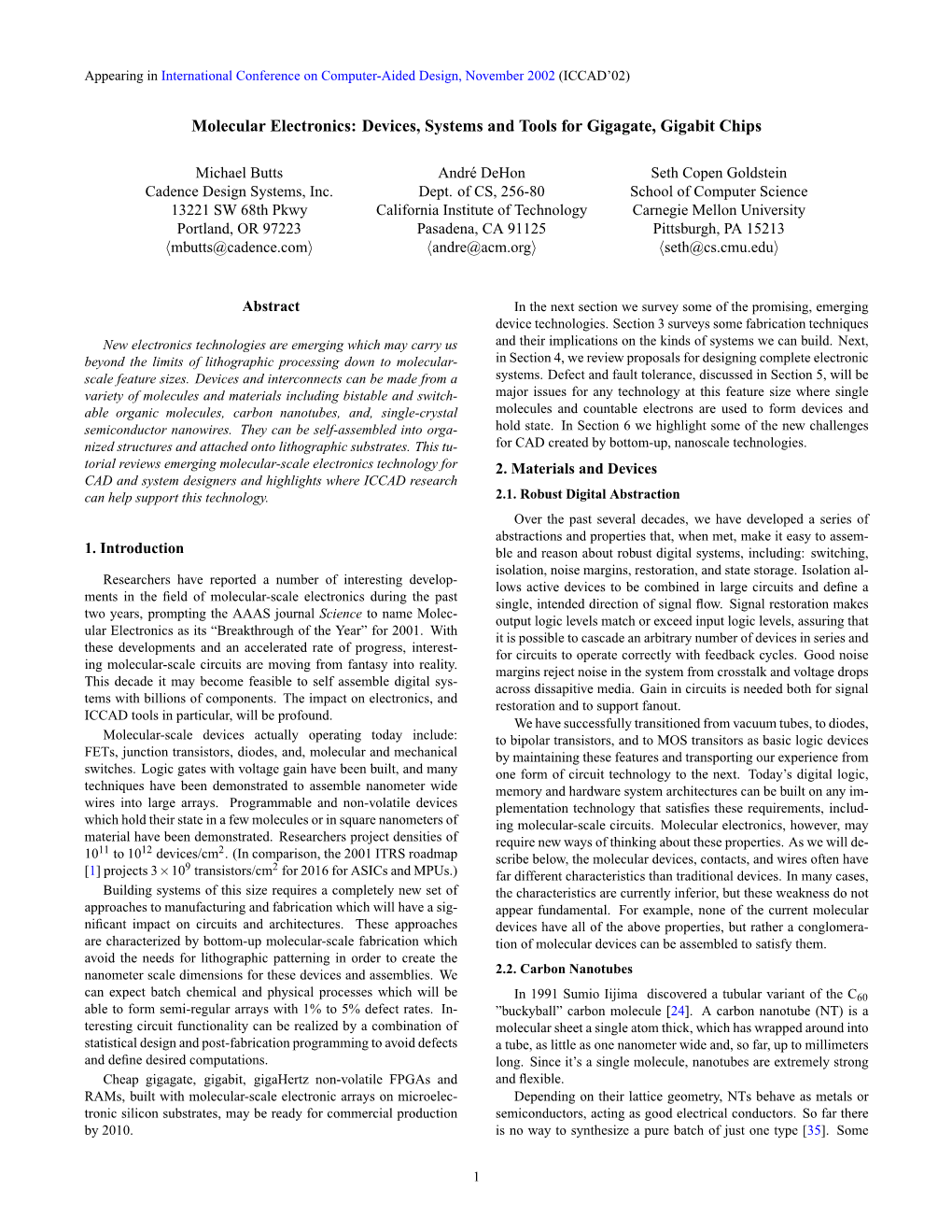 Molecular Electronics: Devices, Systems and Tools for Gigagate, Gigabit Chips