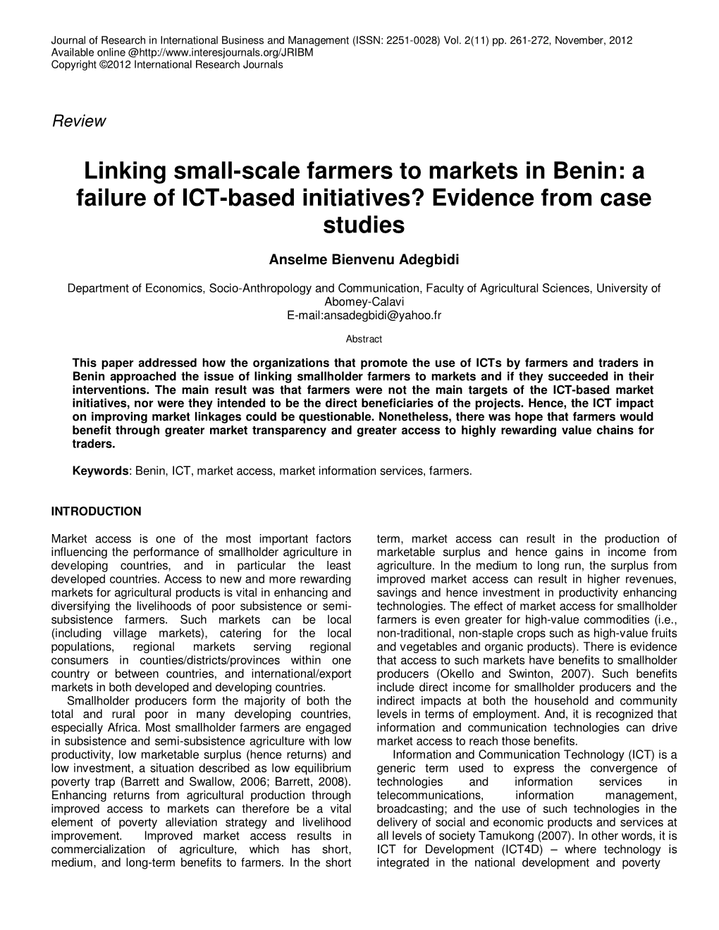 Linking Small-Scale Farmers to Markets in Benin: a Failure of ICT-Based Initiatives? Evidence from Case Studies