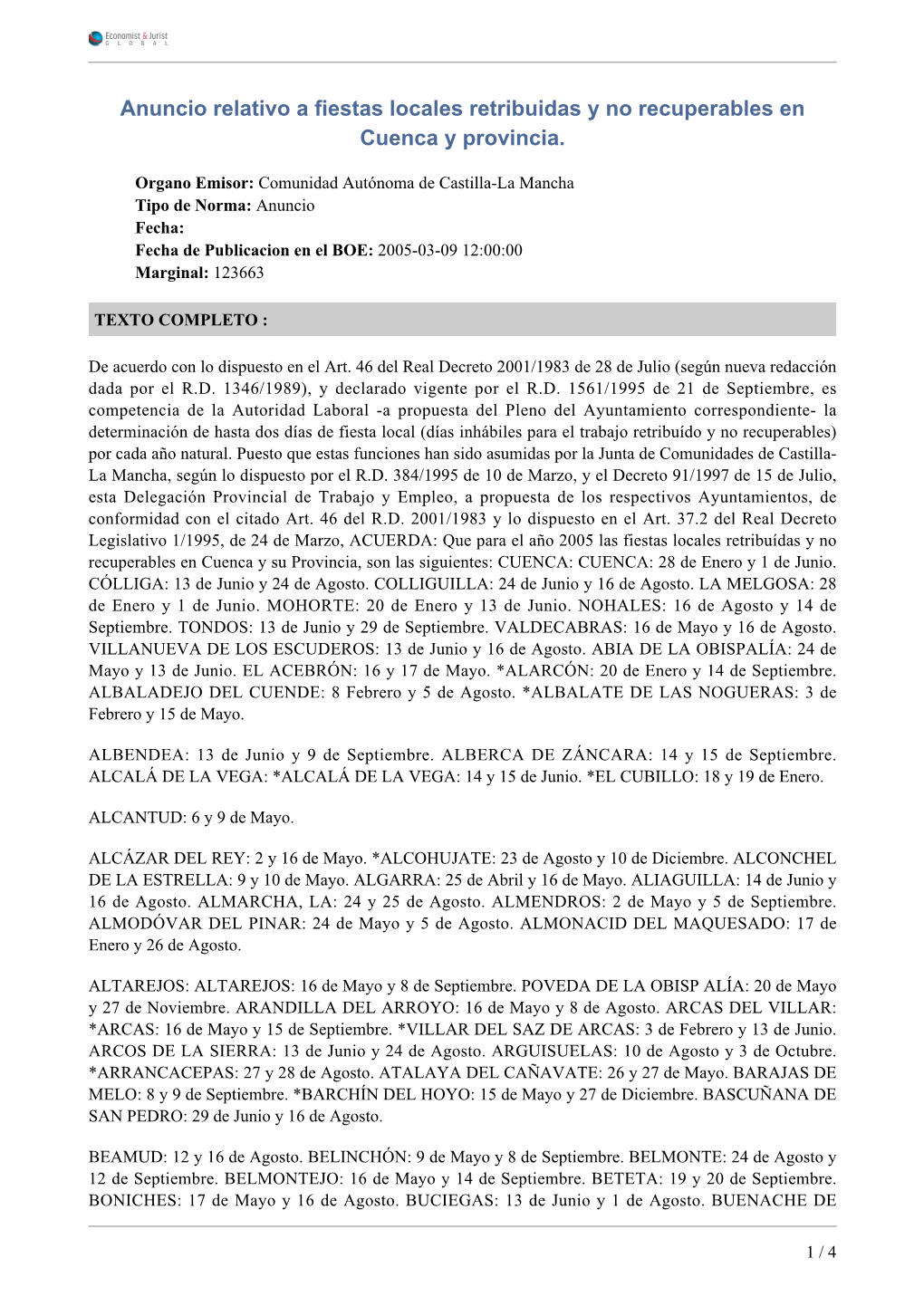 Anuncio Relativo a Fiestas Locales Retribuidas Y No Recuperables En Cuenca Y Provincia