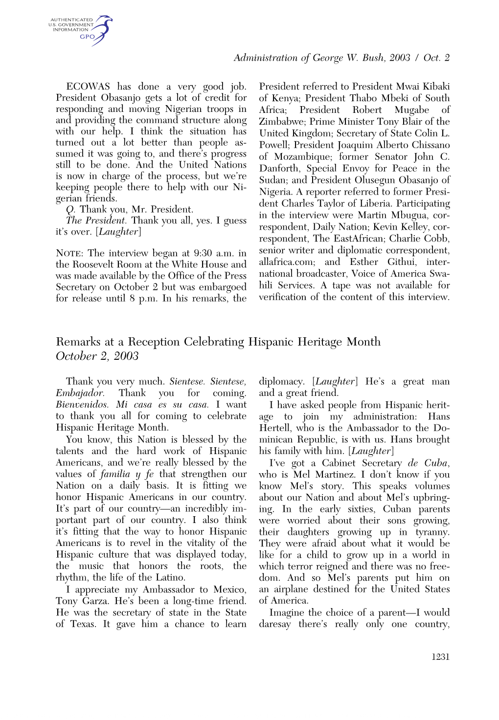 Remarks at a Reception Celebrating Hispanic Heritage Month October 2, 2003