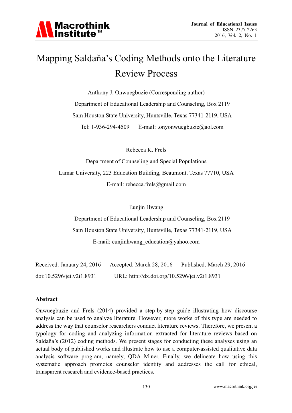 Mapping Saldaňa's Coding Methods Onto the Literature Review Process