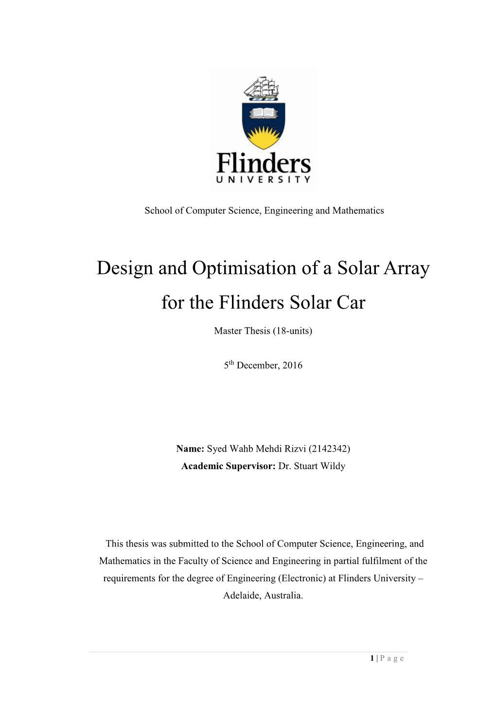 Design and Optimisation of a Solar Array for the Flinders Solar Car