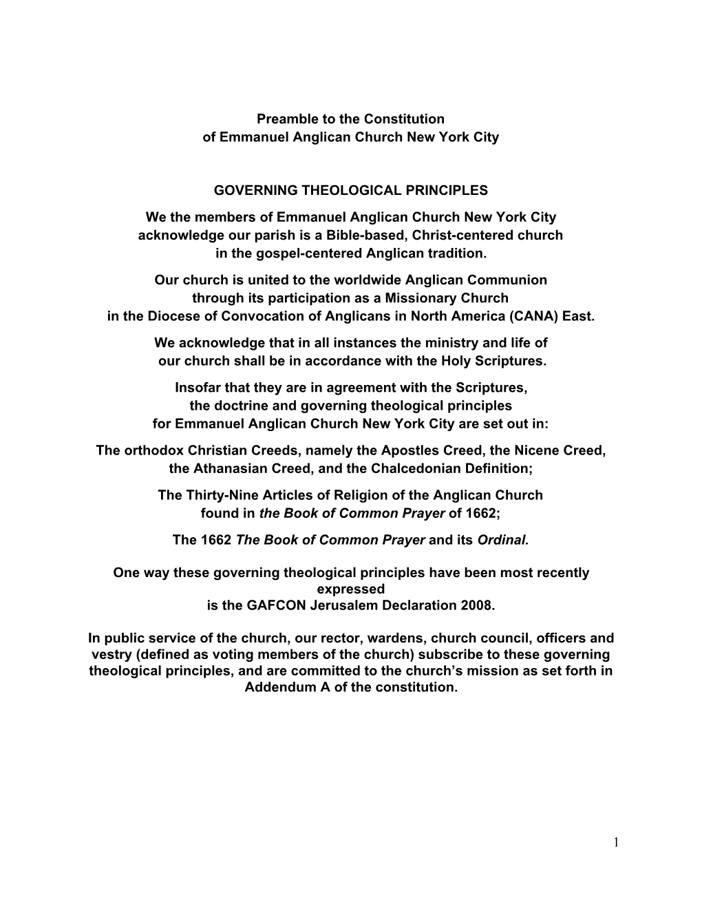 Preamble to the Constitution of Emmanuel Anglican Church New York City