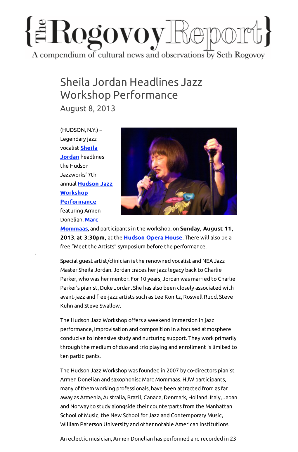 Sheila Jordan Headlines Jazz Workshop Performance | the Rogovoy Report 8/12/13 11:29 AM