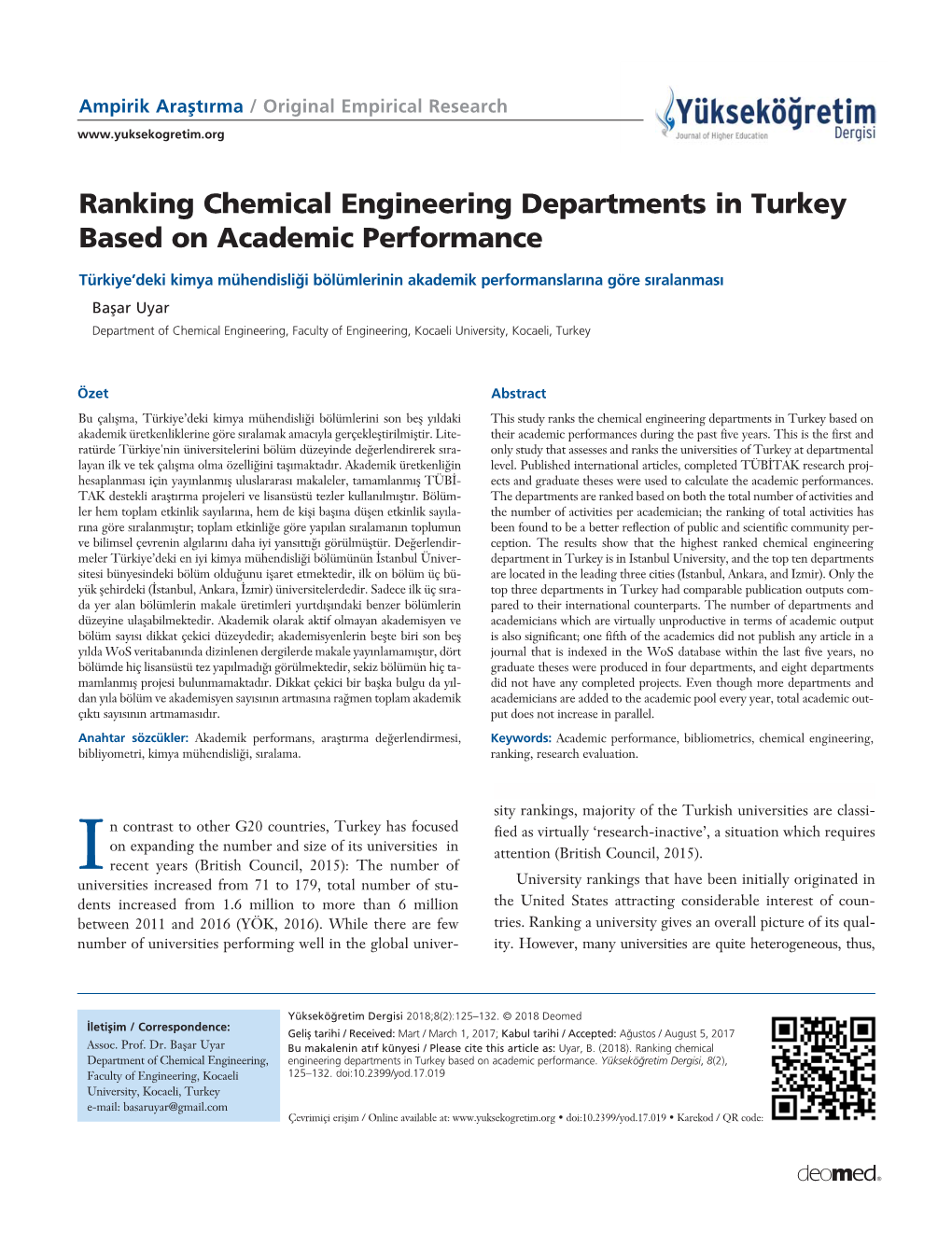 Ranking Chemical Engineering Departments in Turkey Based on Academic Performance