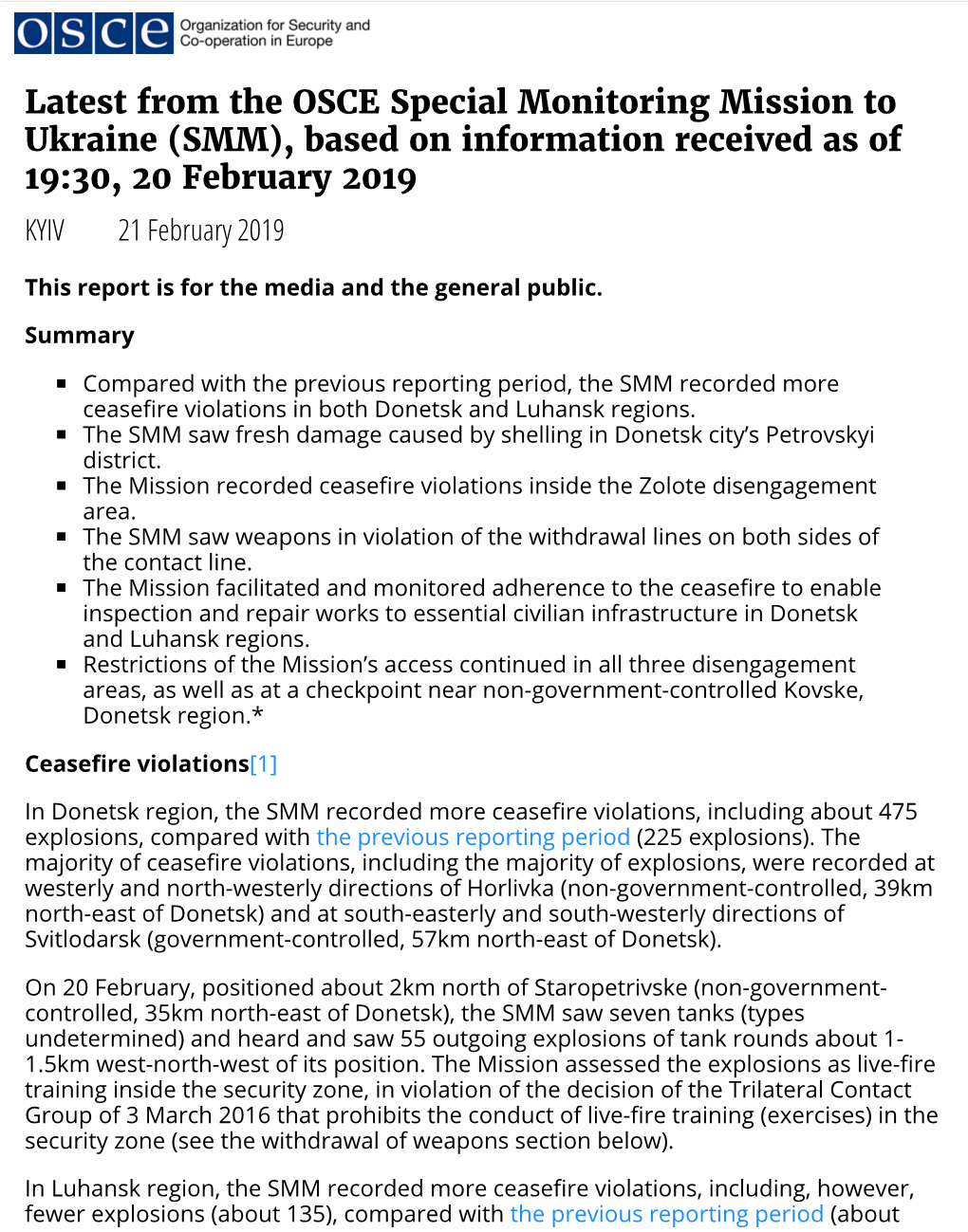 SMM), Based on Information Received As of 19:30, 20 February 2019 KYIV 21 February 2019