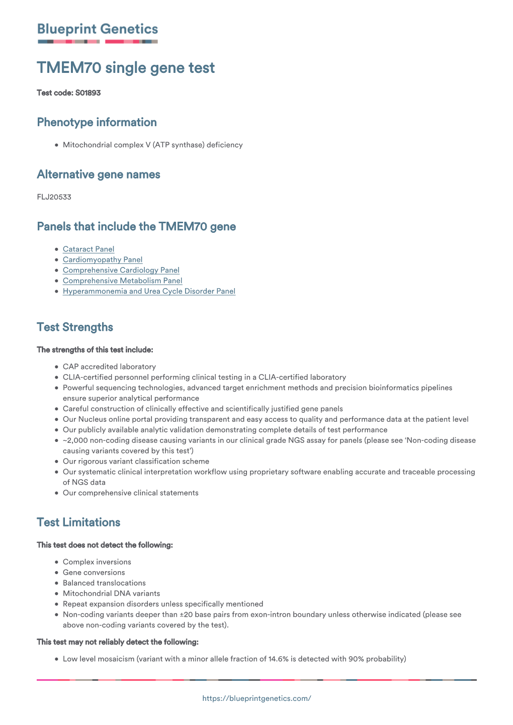 Blueprint Genetics TMEM70 Single Gene Test