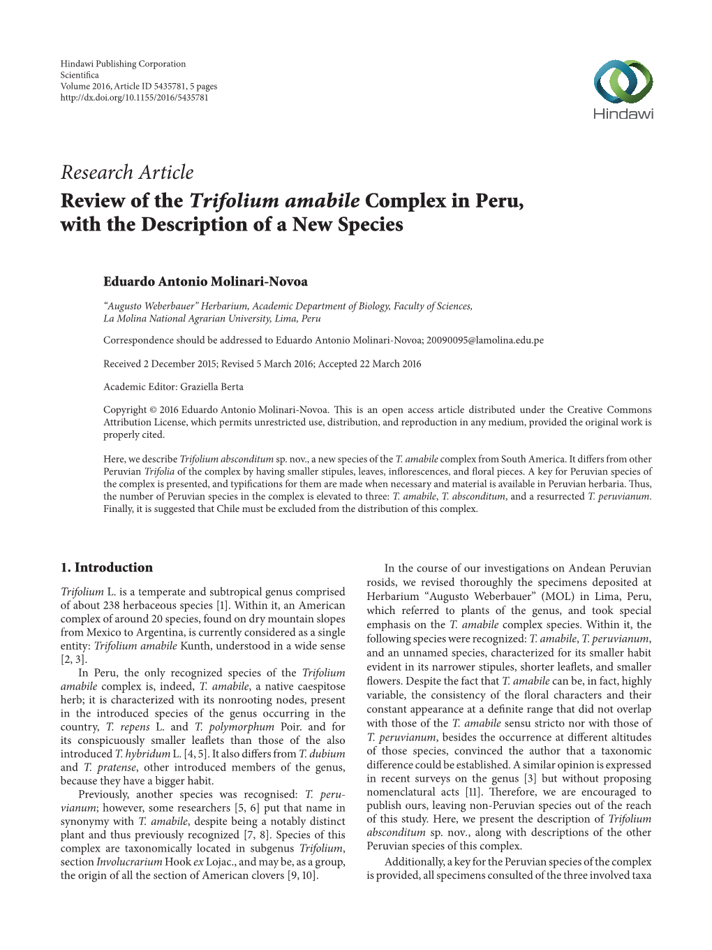 Review of the Trifolium Amabile Complex in Peru, with the Description of a New Species