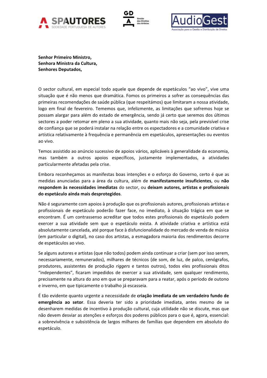 Carta Aberta De Apelo Ao Primeiro Ministro, António Costa, À Ministra Da Cultura, Graça Fonseca E