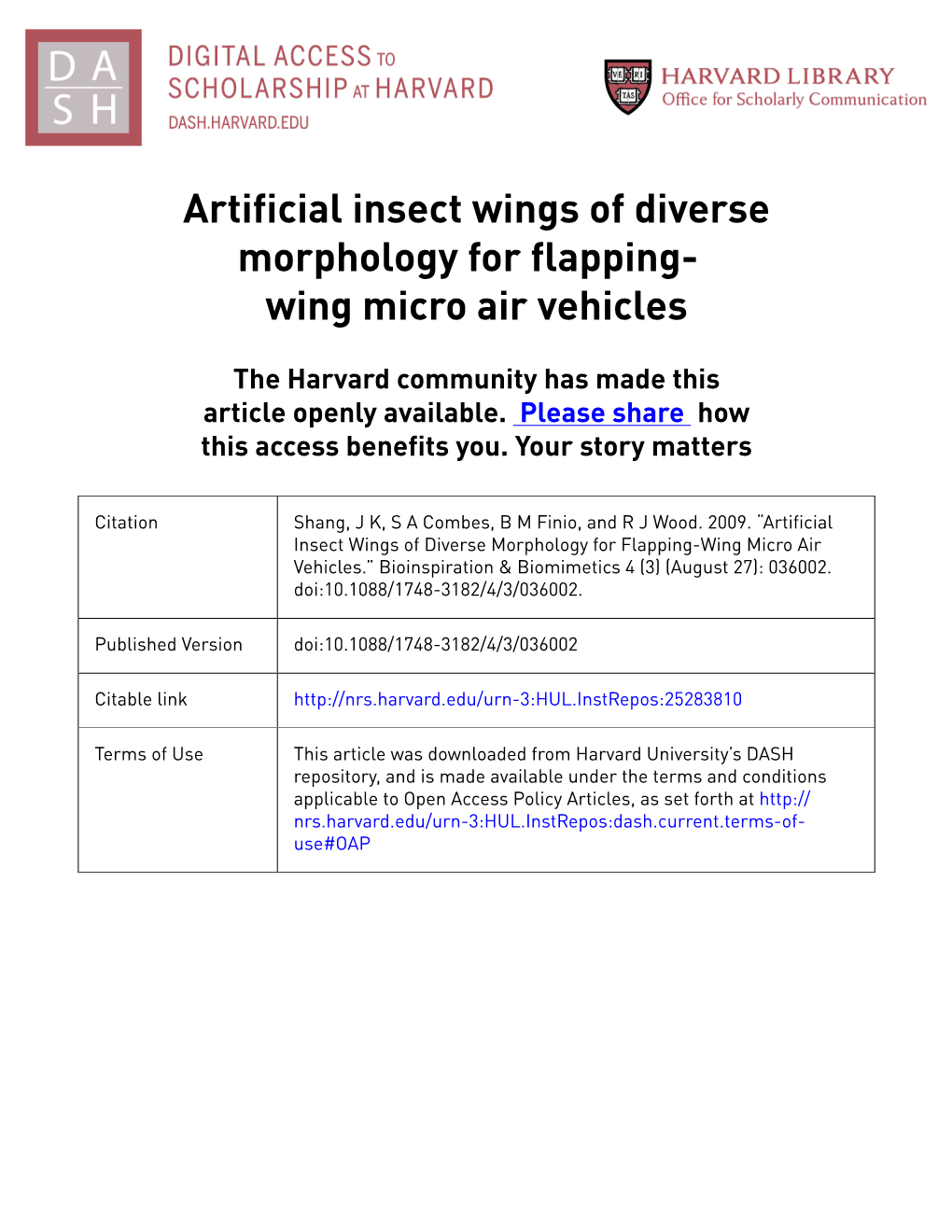 Artificial Insect Wings of Diverse Morphology for Flapping- Wing Micro Air Vehicles