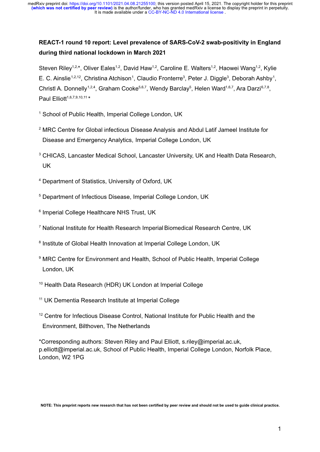 REACT-1 Round 10 Report: Level Prevalence of SARS-Cov-2 Swab-Positivity in England During Third National Lockdown in March 2021