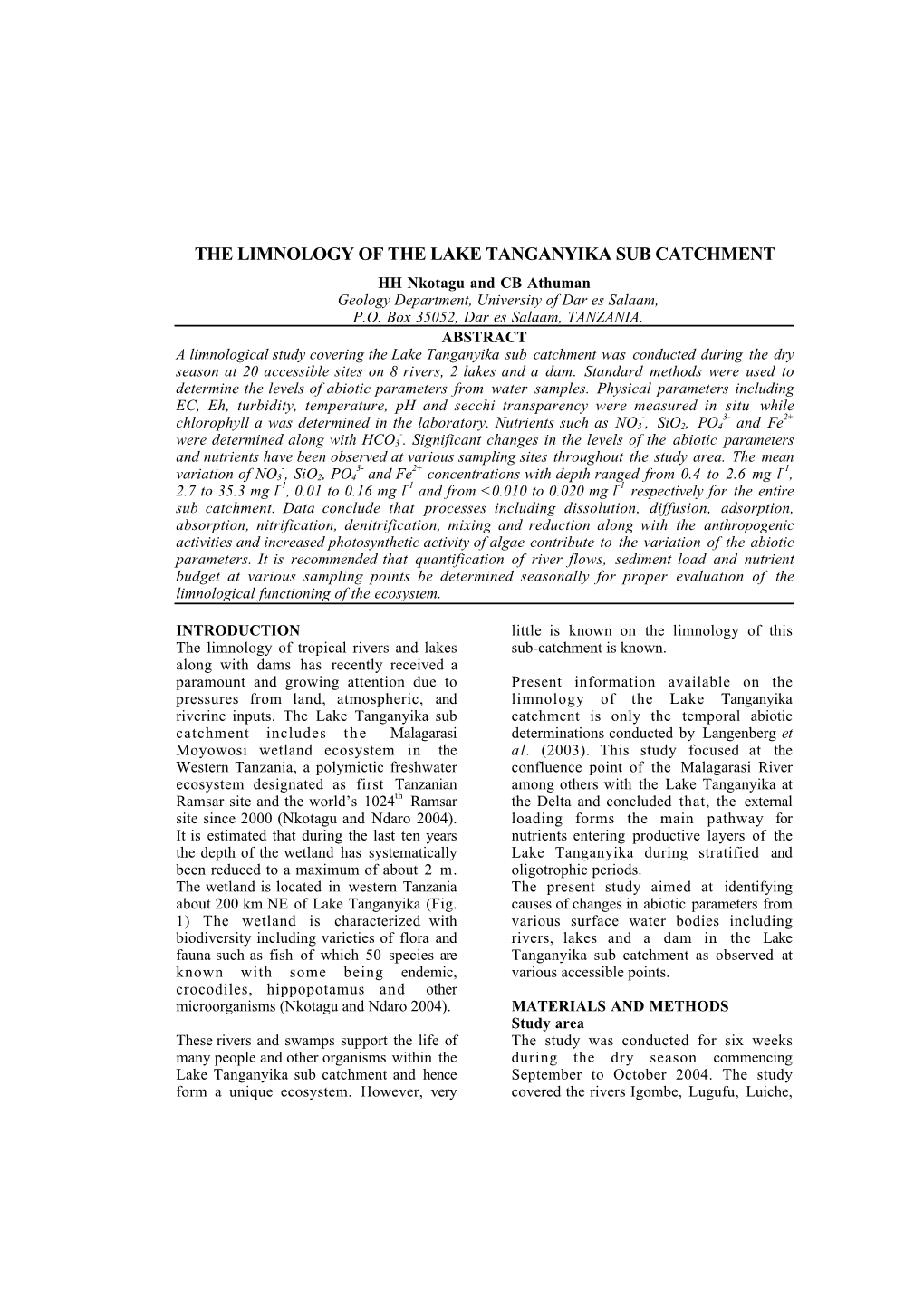 THE LIMNOLOGY of the LAKE TANGANYIKA SUB CATCHMENT HH Nkotagu and CB Athuman Geology Department, University of Dar Es Salaam, P.O